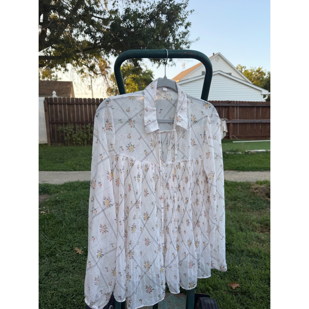 LC Lauren Conrad Boho Floral Western Babydoll Blouse White Long Sleeve Large